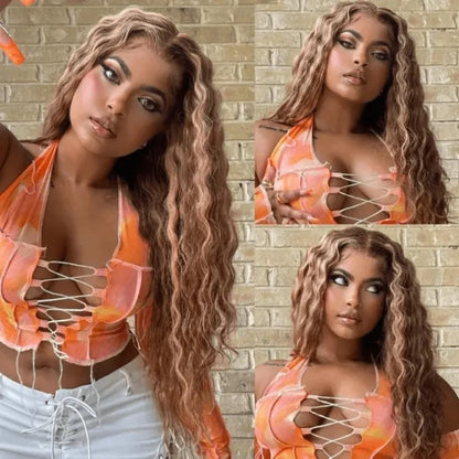 Glueless Closure Lace Wig with Honey Blonde Piano Highlights - Natural Wave Curly Wig Style