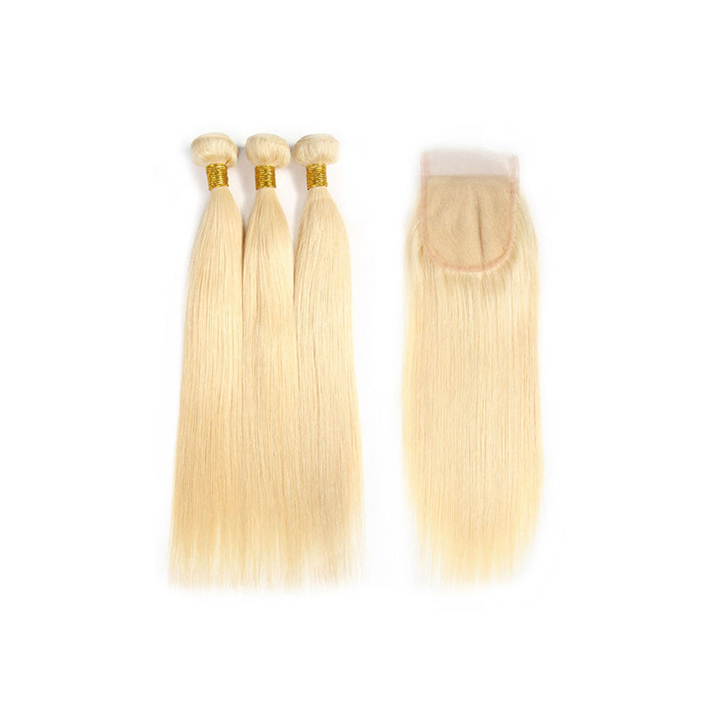 613 Blonde Hair, 3 Bundles Straight Hair Weaves  With 4*4 Lace Closure - arabellahair.com