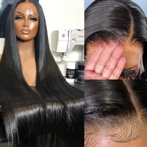 Long Straight 13x6 Lace Frontal Wig Natural Black Human Hair Wigs Free Part