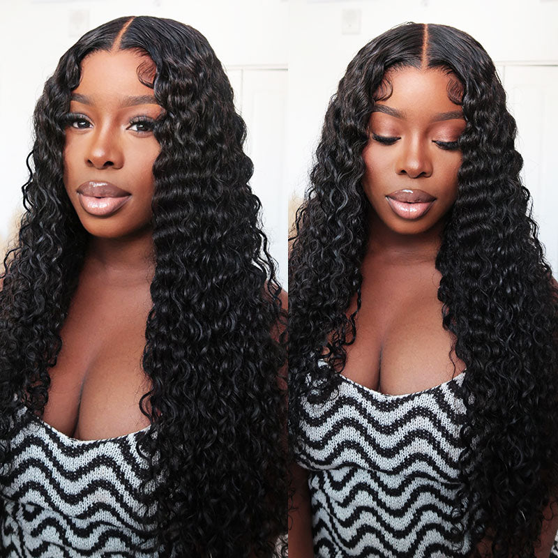 Deep Wave Natural Black Glueless 6x5 Pre-cut Lace Human Hair Wigs